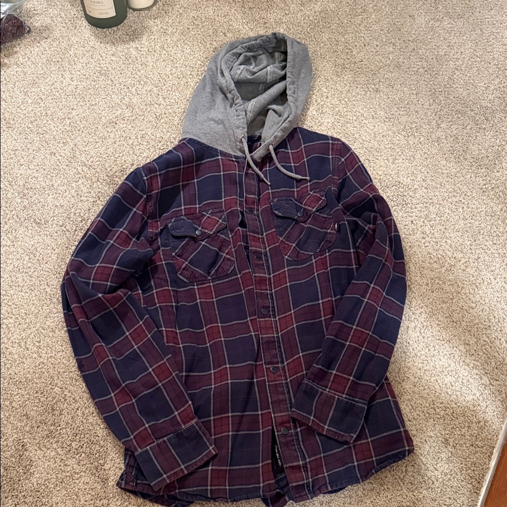 Vans Men's Navy and Burgundy Plaid Hooded Jacket